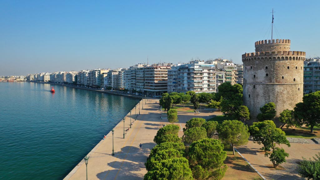 Aerial photo of iconic byzantine White Tower in the centre of Thessaloniki or Salonika, North Greece