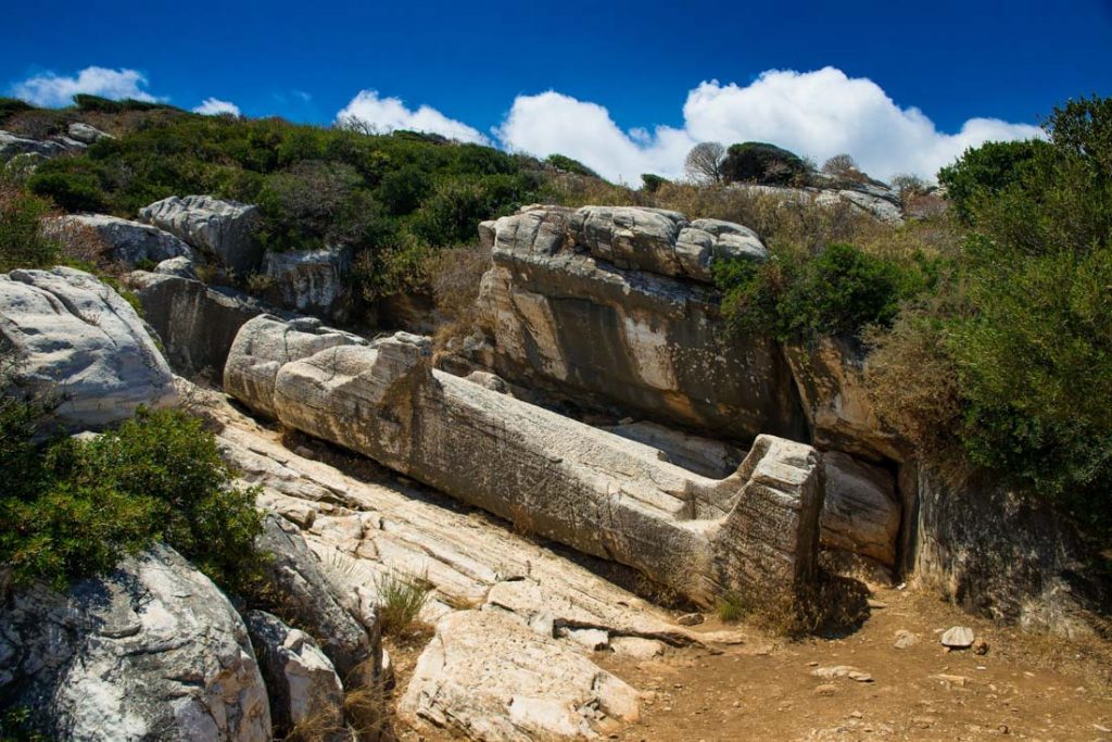 Kouros of Dionysus. An antique marble statue of the Greek god. Naxos Island, Greece. Archaeological excavations of antiquity